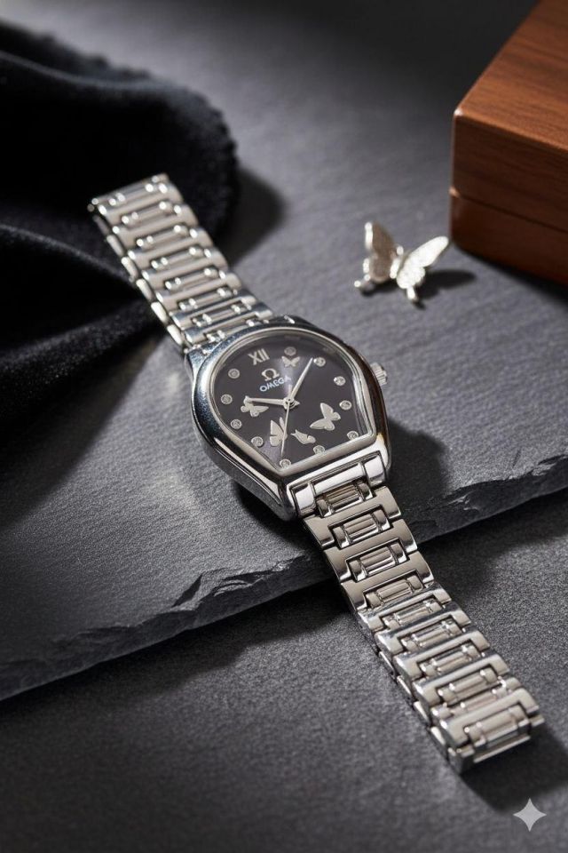 ساعه استيك معدن ذهبي وفضي فراشات