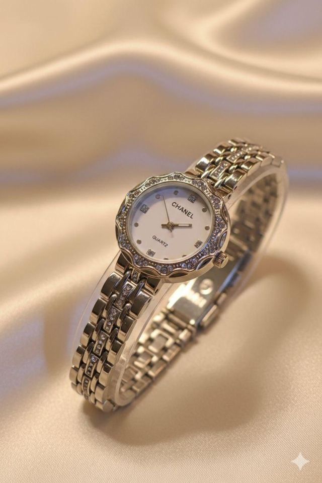 ساعه موديل ماركه شانيل ذهبي وفضي استرس